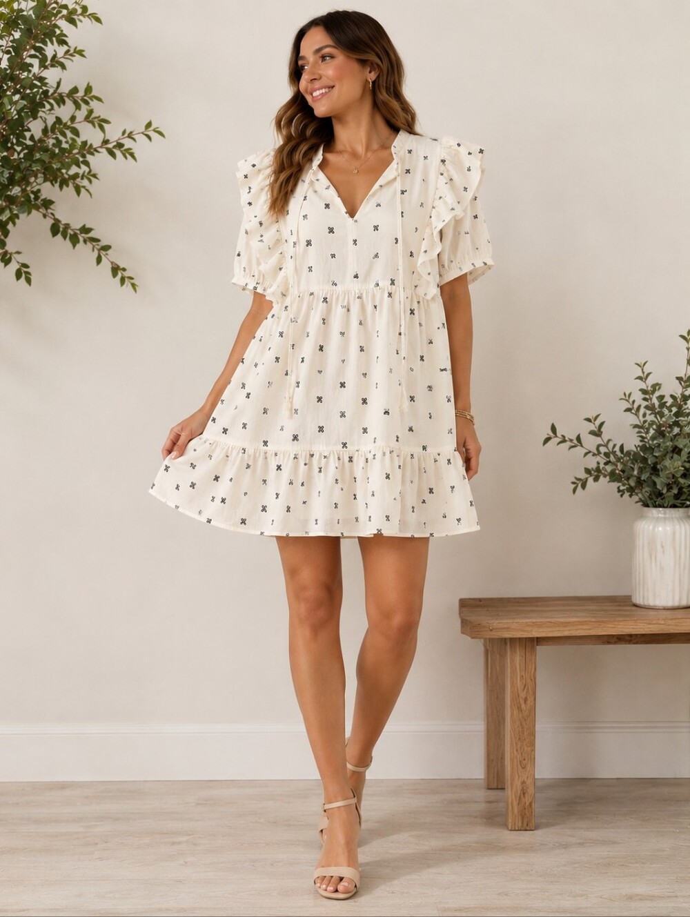 A-192 Umgee White Black Bow Print Ruffle Sleeve Mini Dress NWT Medium